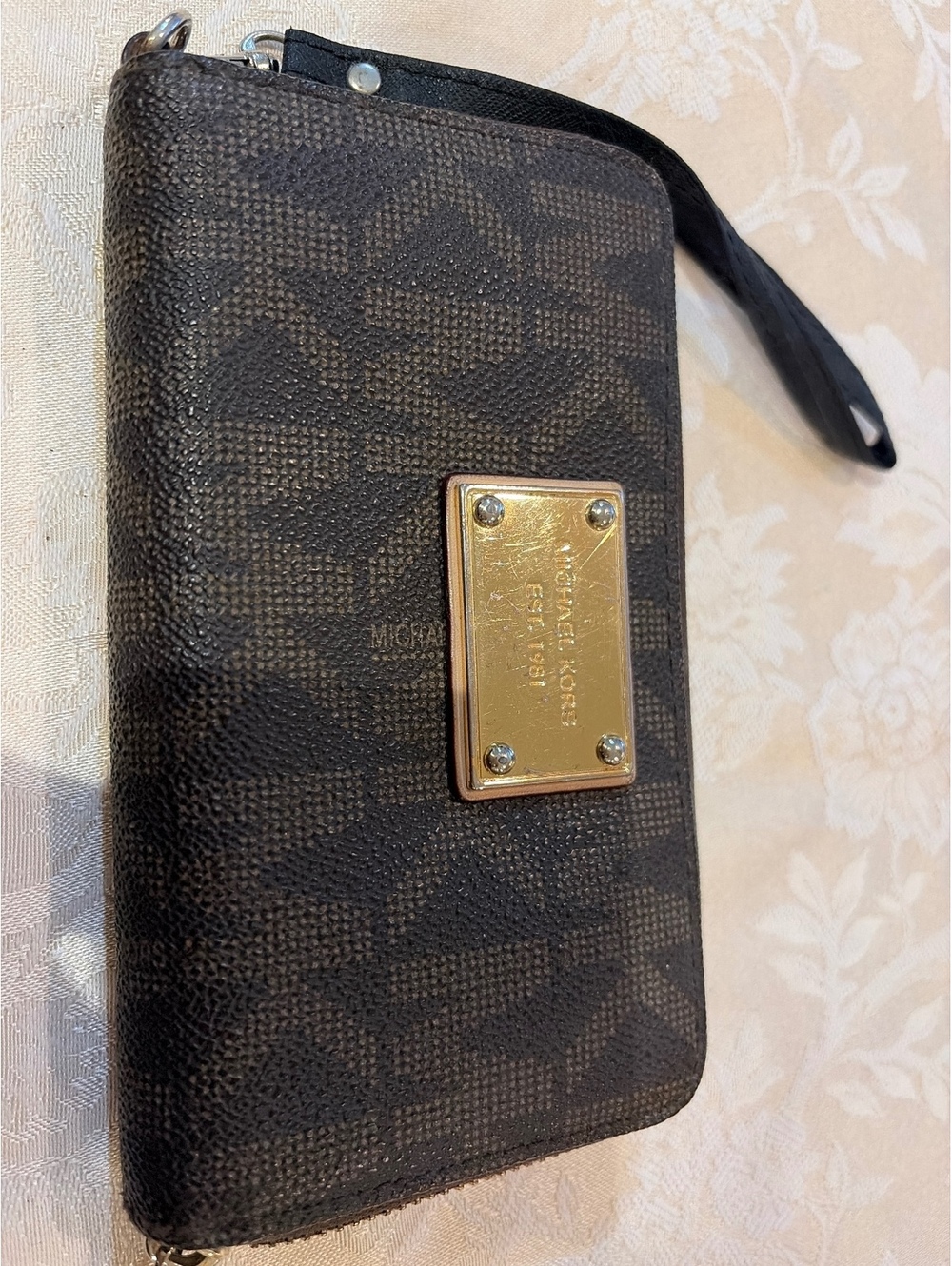 Michael Kors Brown Signature Zip-Around Wallet with Gold Plate